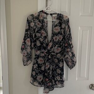 Lush Black Floral Sheer Tie-Waist Romper